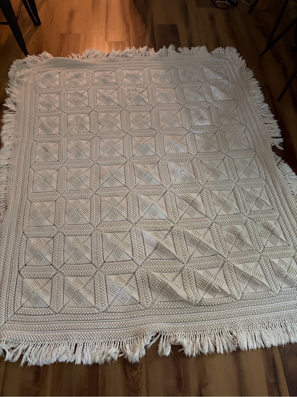Handmade  Boho Crocheted Square Blanket with Fringe - Cream